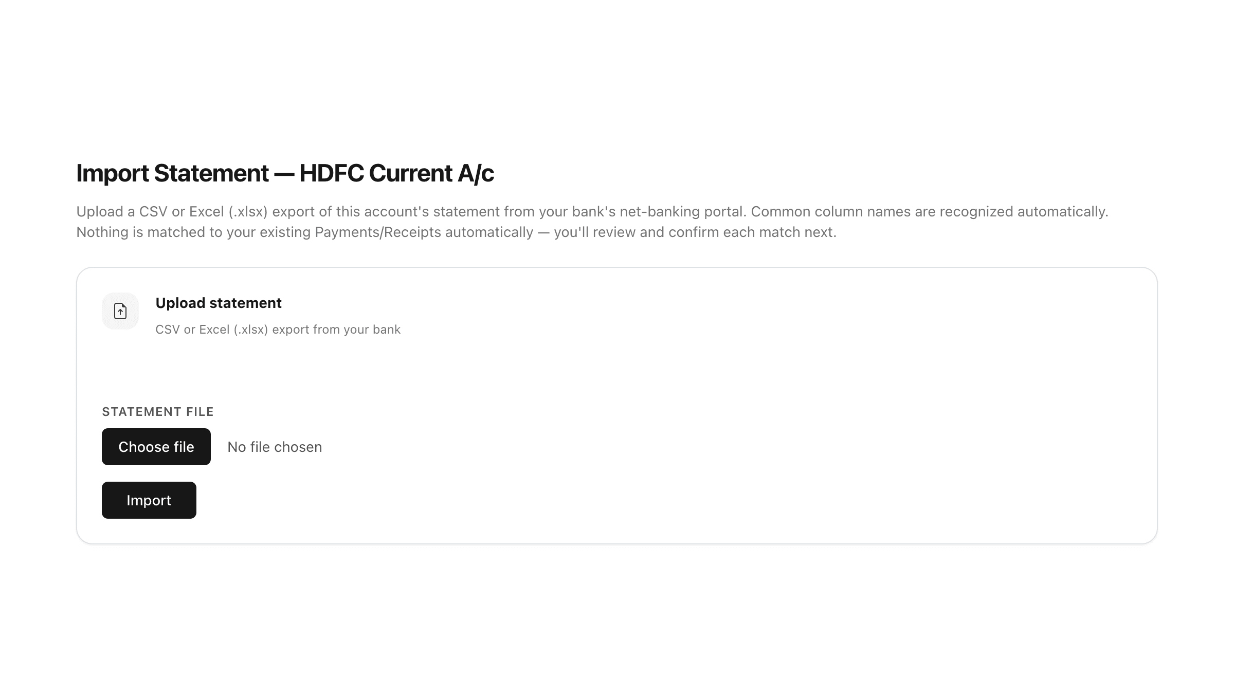 The Import Statement screen where a CSV or Excel bank statement is uploaded