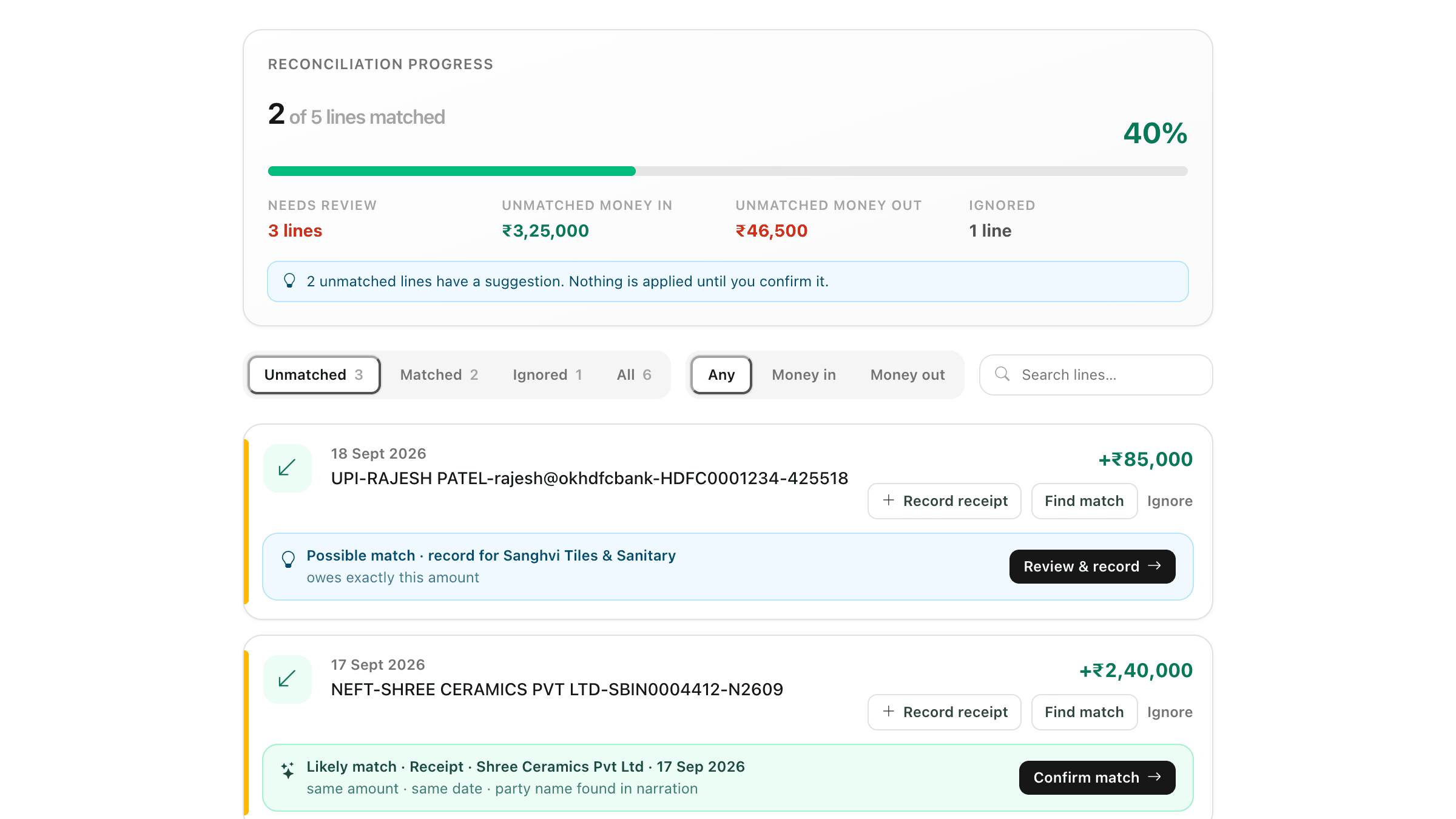 ClayBill's bank reconcile screen showing match progress, filters and suggested matches for each statement line