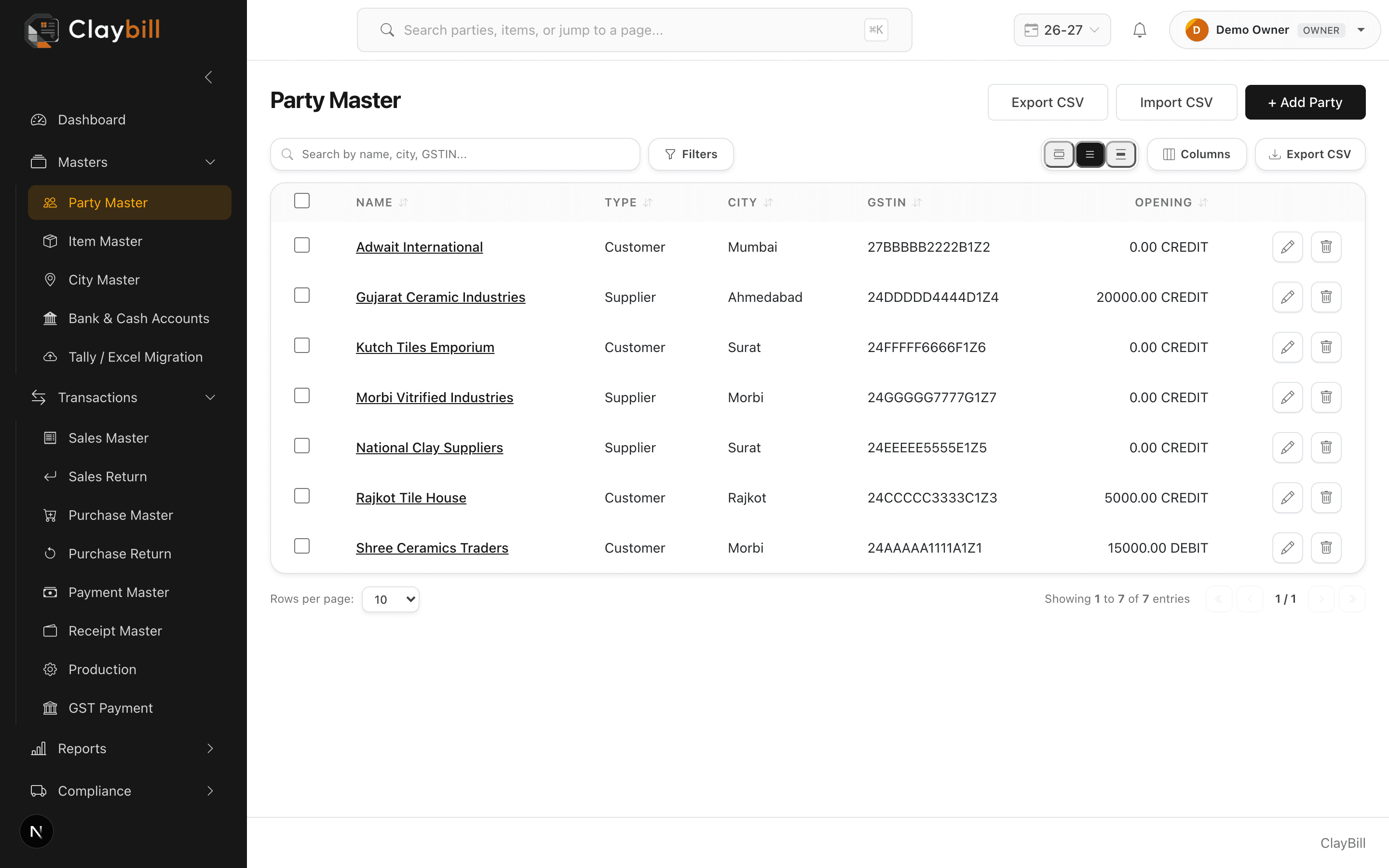 Excel and CSV import/export tools on master data tables