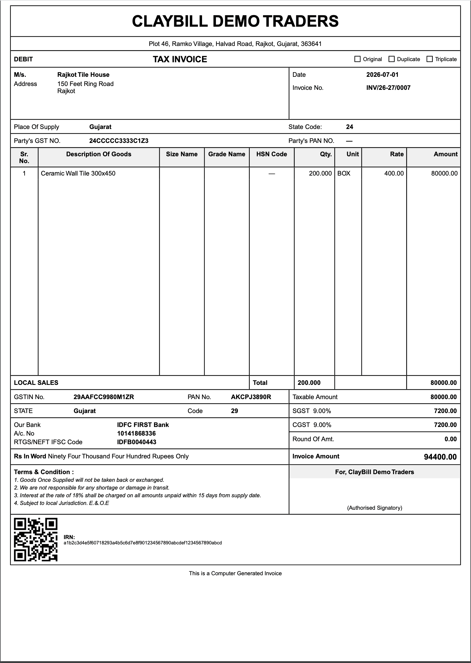 IRN and QR code e-invoicing format generated by ClayBill