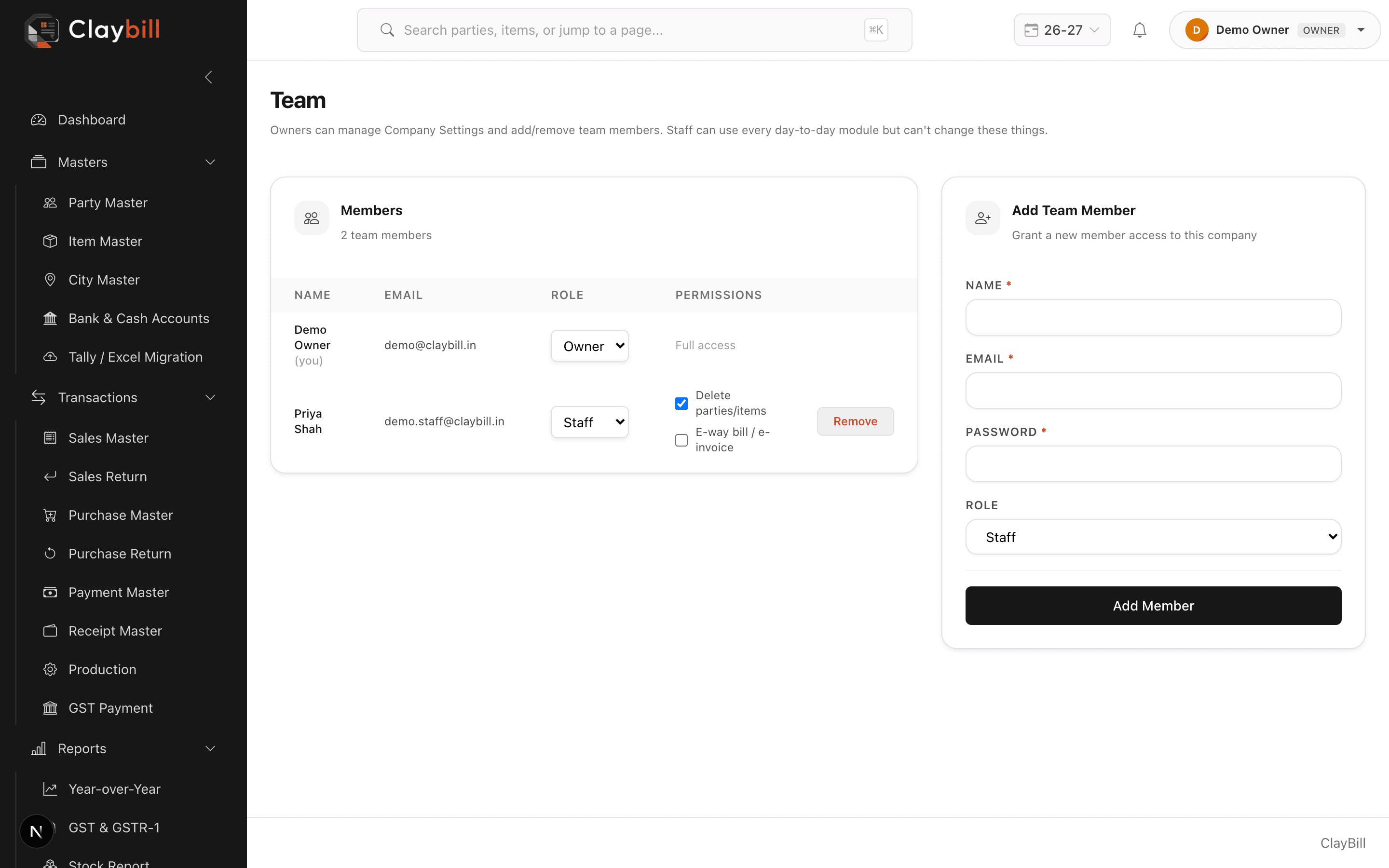 Team management screen with role-based access control