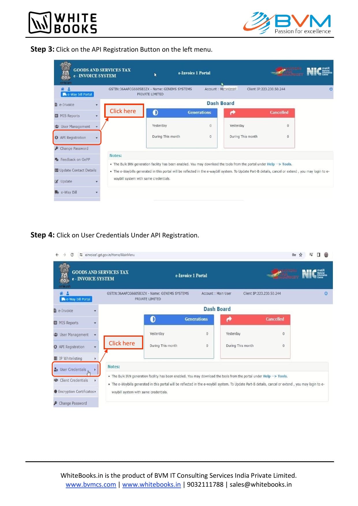 e-Invoice portal API Registration menu with User Credentials and Create API User options