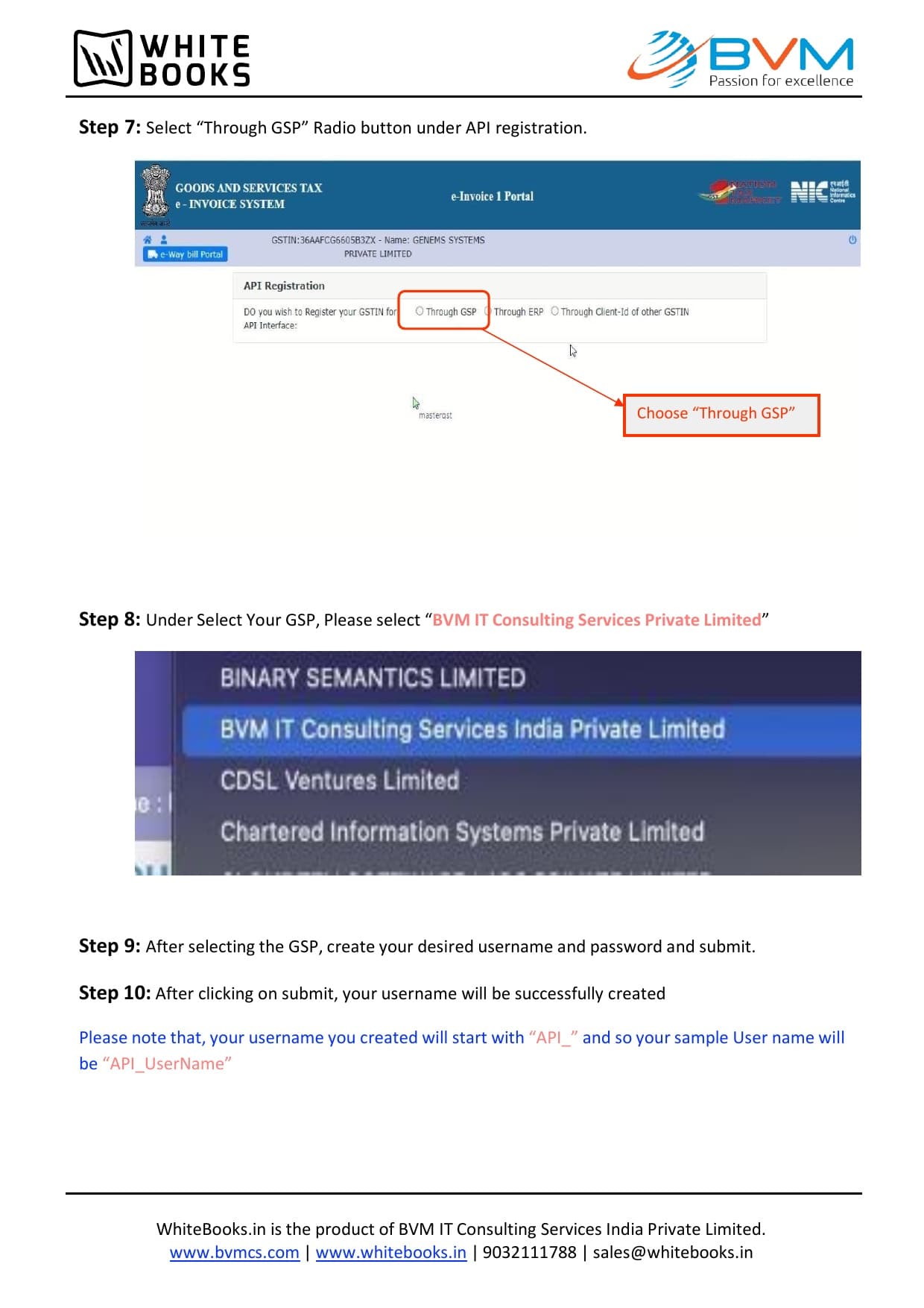 e-Invoice API registration form with Through GSP selected and GSP list showing BVM IT Consulting Services