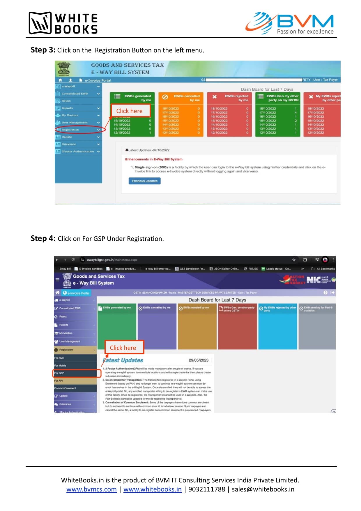 E-Way Bill portal Registration menu with For GSP option highlighted