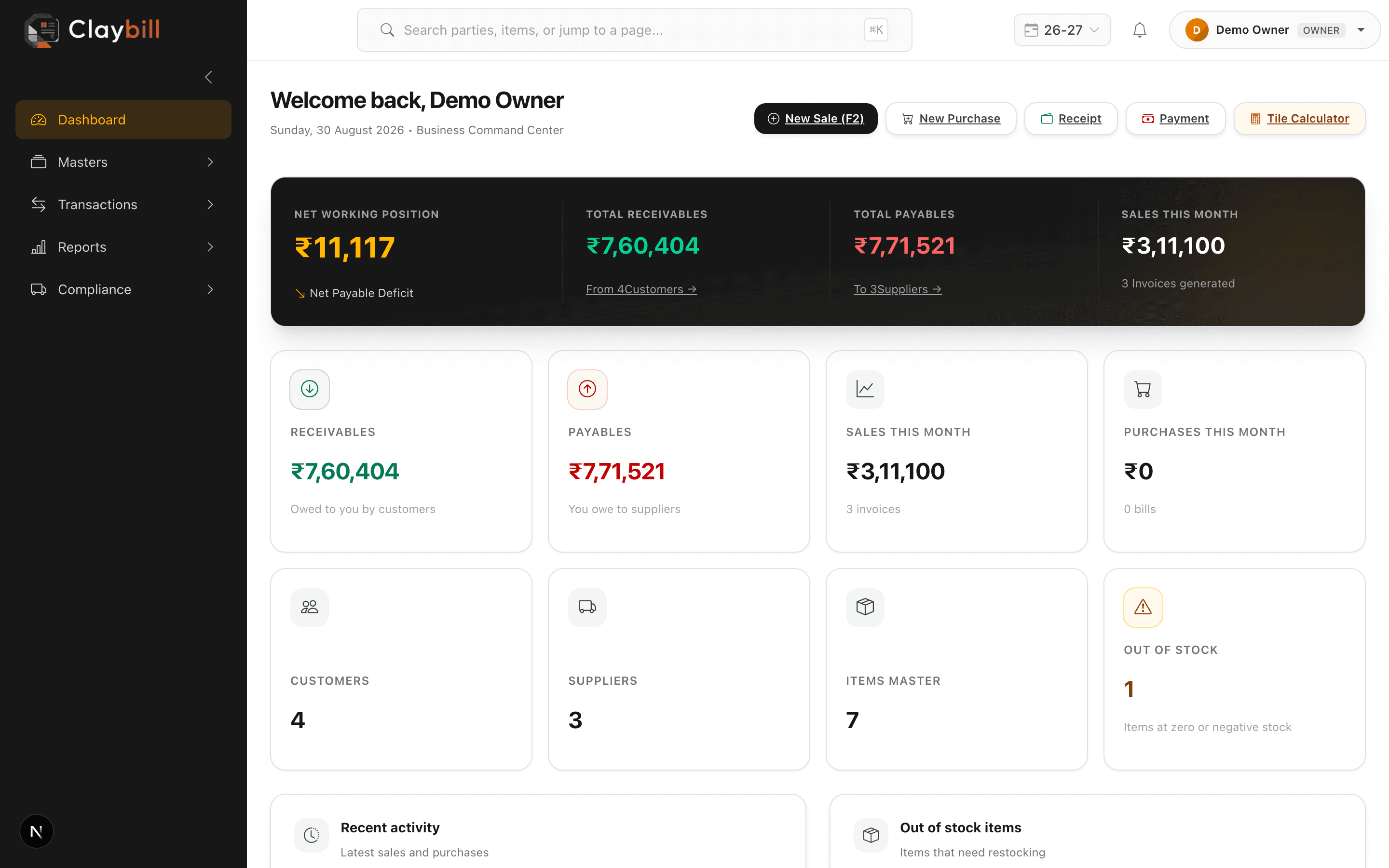 ClayBill dashboard showing business metrics, receivables, and sales summaries