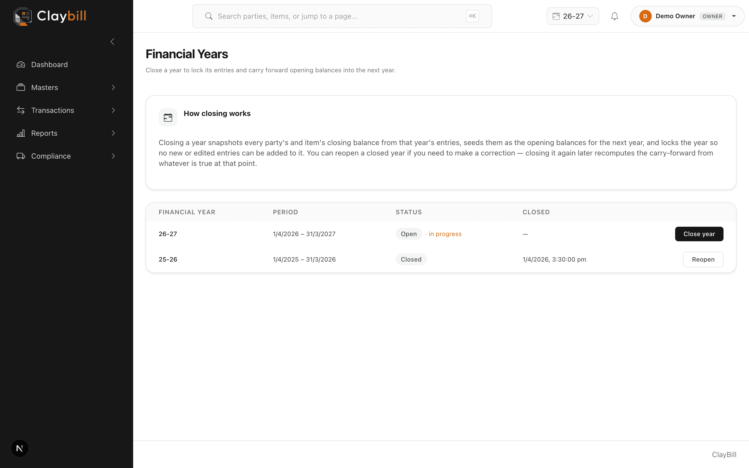 The Financial Years page showing open and closed years with carry-forward explained