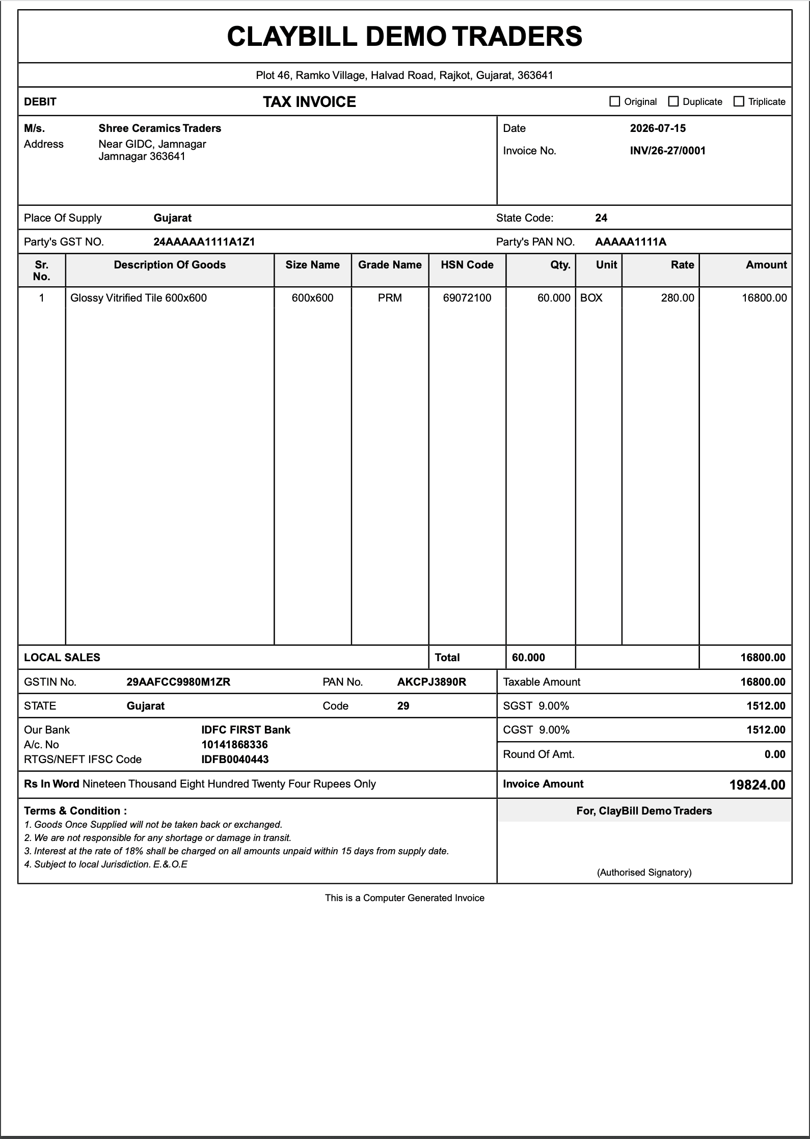 ClayBill printable GST Tax Invoice showing HSN 69072100, size and grade breakdown, 18% GST schedule, and IRN hash