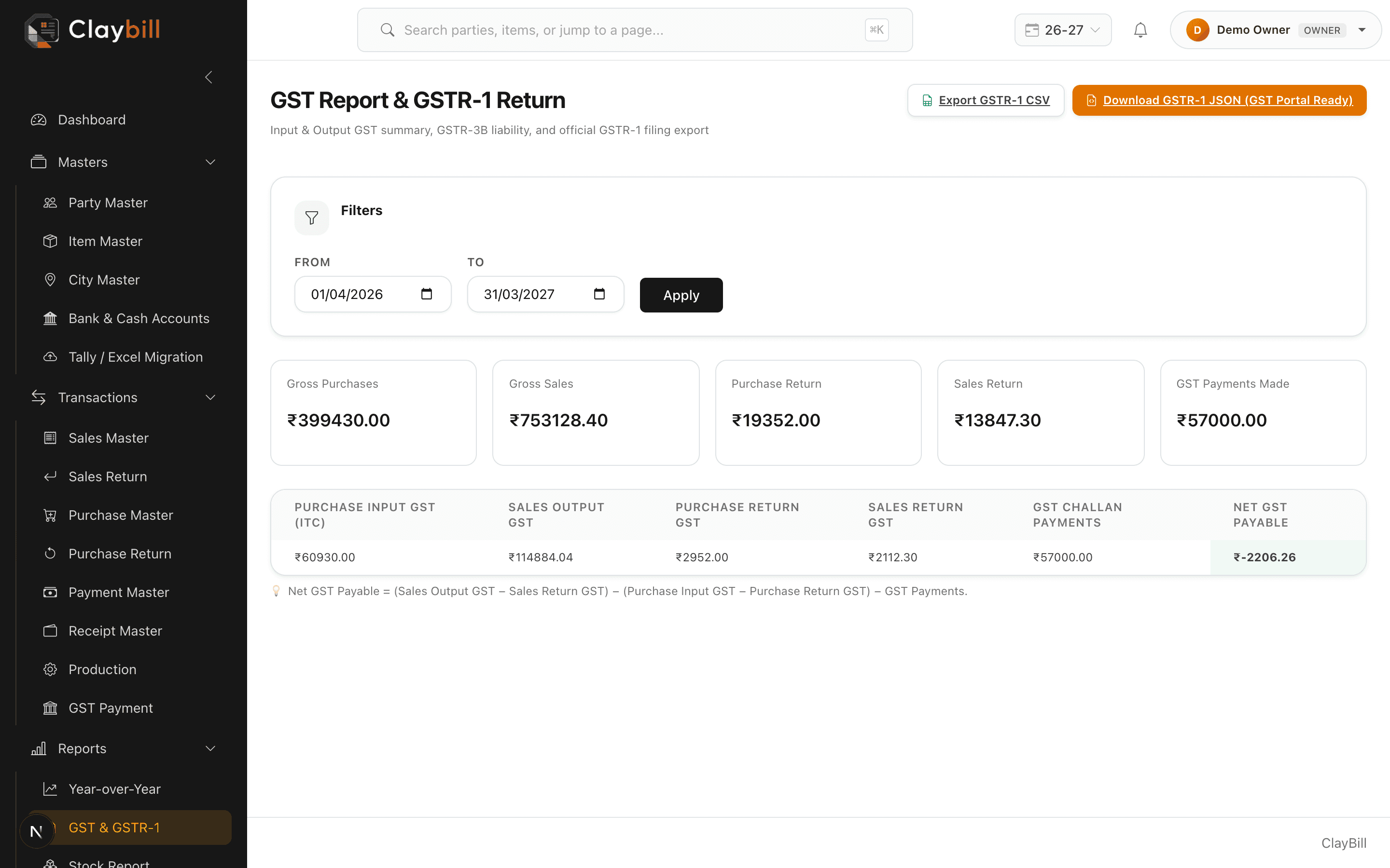 ClayBill's GST Report screen showing purchase, sales, and net GST payable