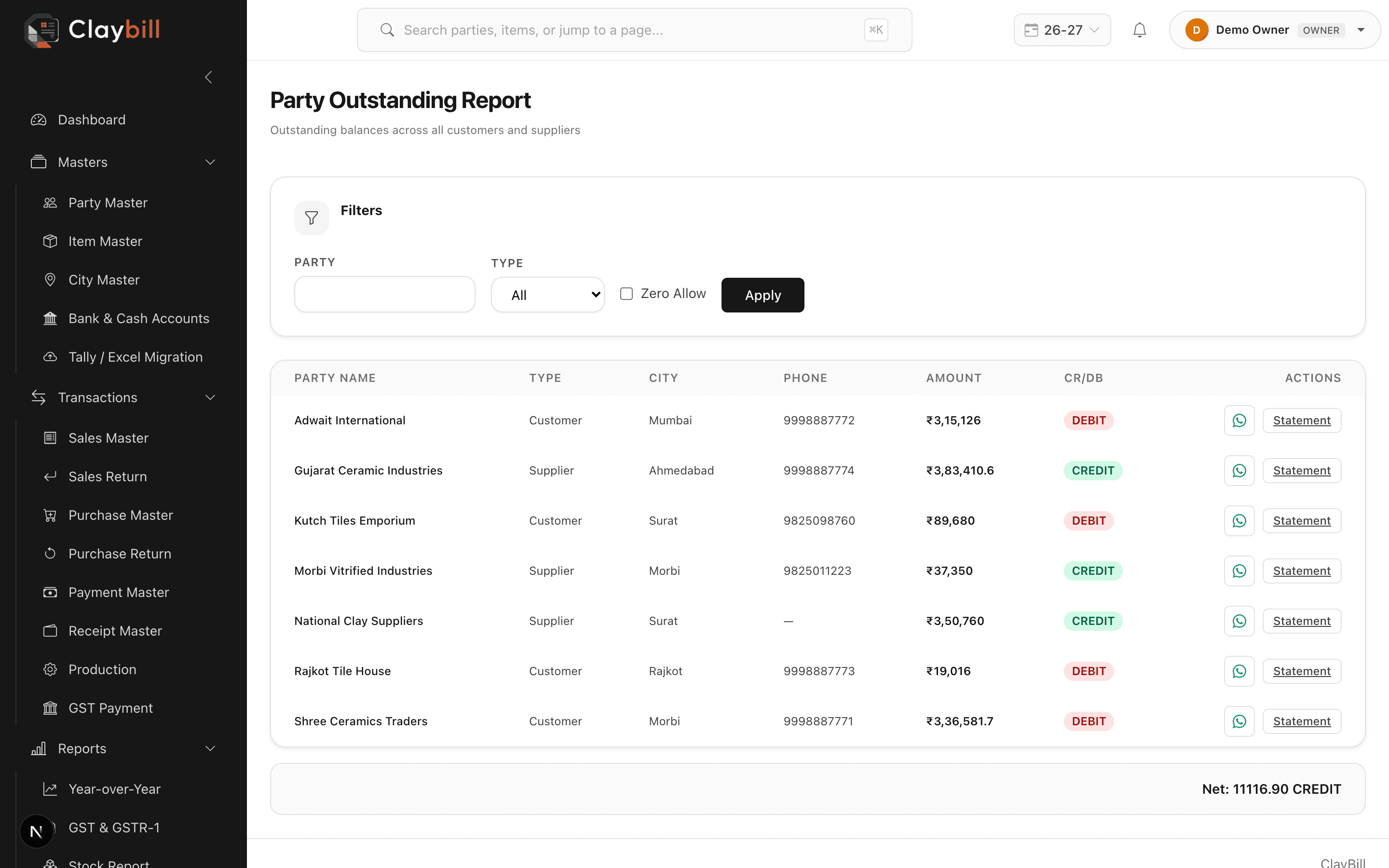 ClayBill Party Outstanding report showing customer balances and receivables aging