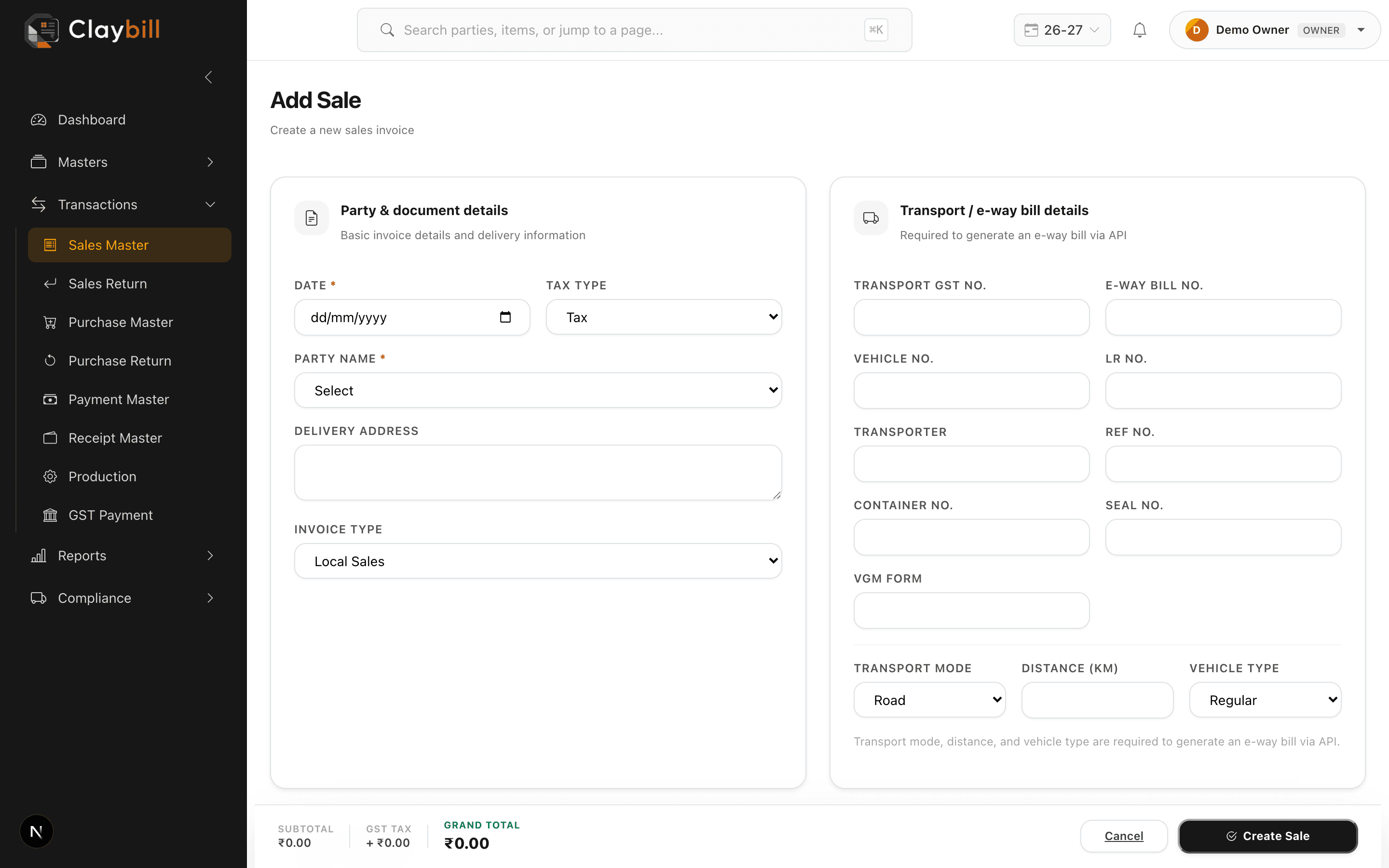The transport and e-way bill panel on ClayBill's Add Sale screen
