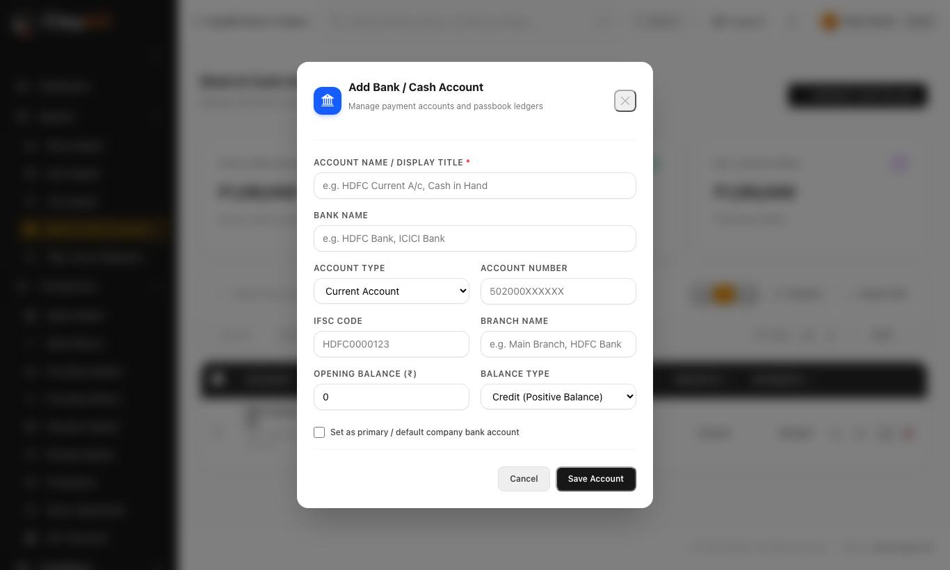 Add Bank / Cash Account