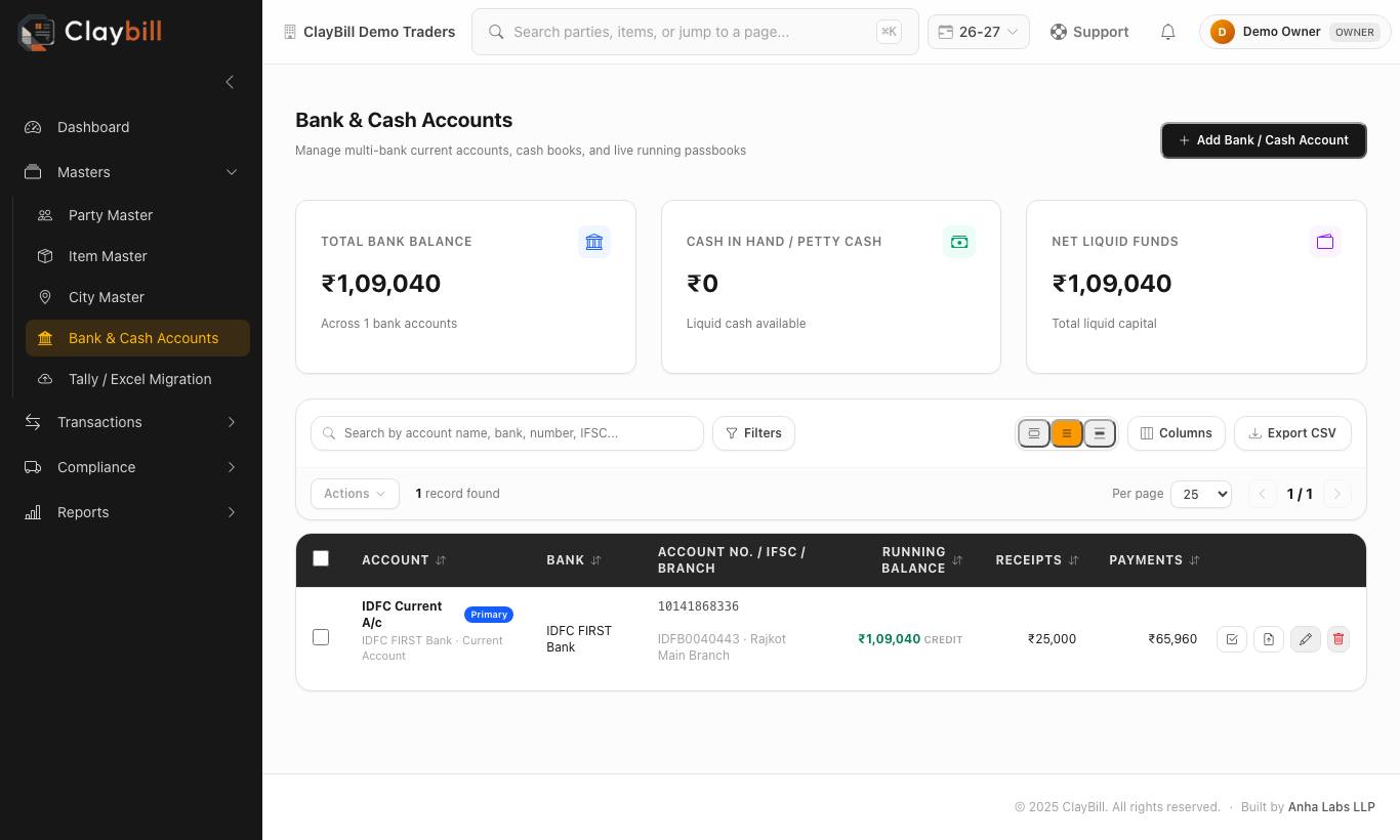 Balances at the top; each account row has Import statement, Reconcile, Edit and Delete.