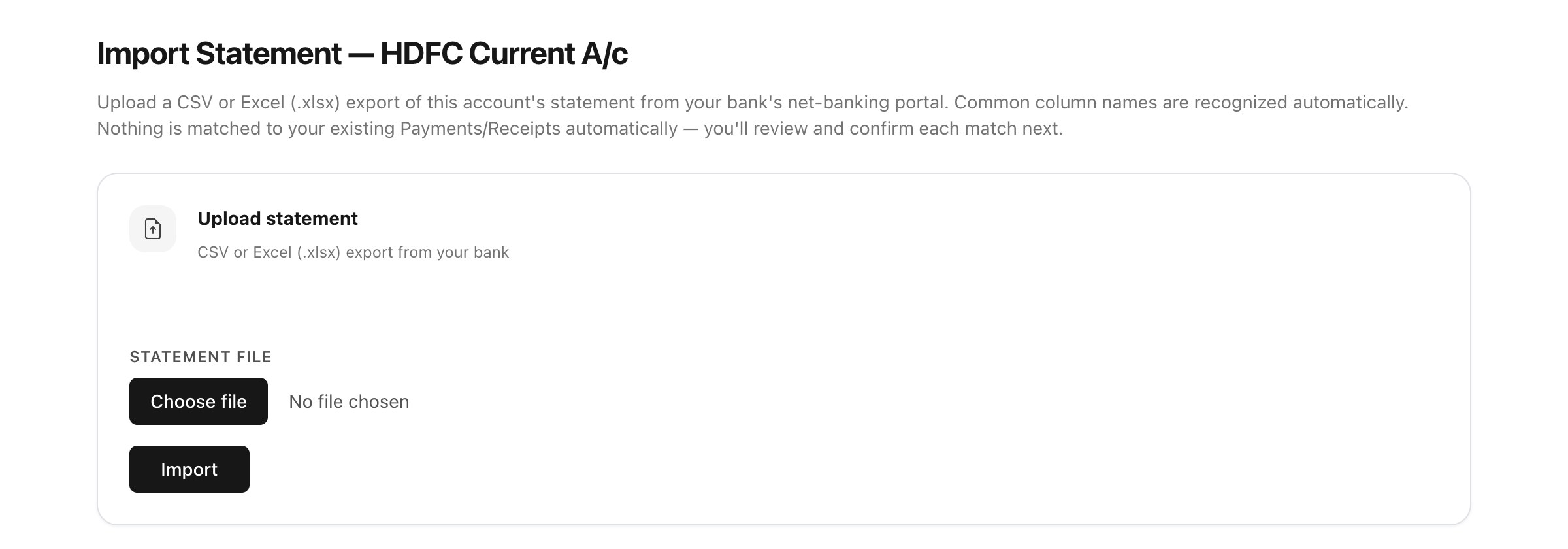 Import Statement — upload your bank's CSV or Excel (.xlsx) file.