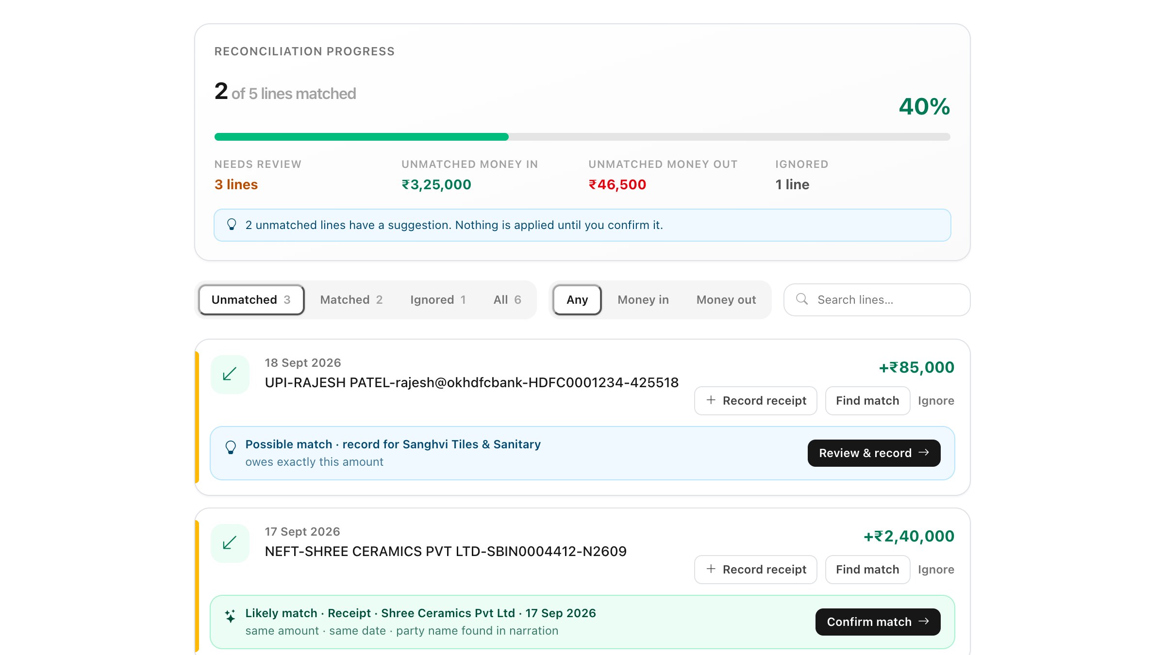 Reconcile — progress at the top, filters and search, and a suggestion under lines that have one. Record receipt / Record payment, Find match and Ignore sit beside each amount.