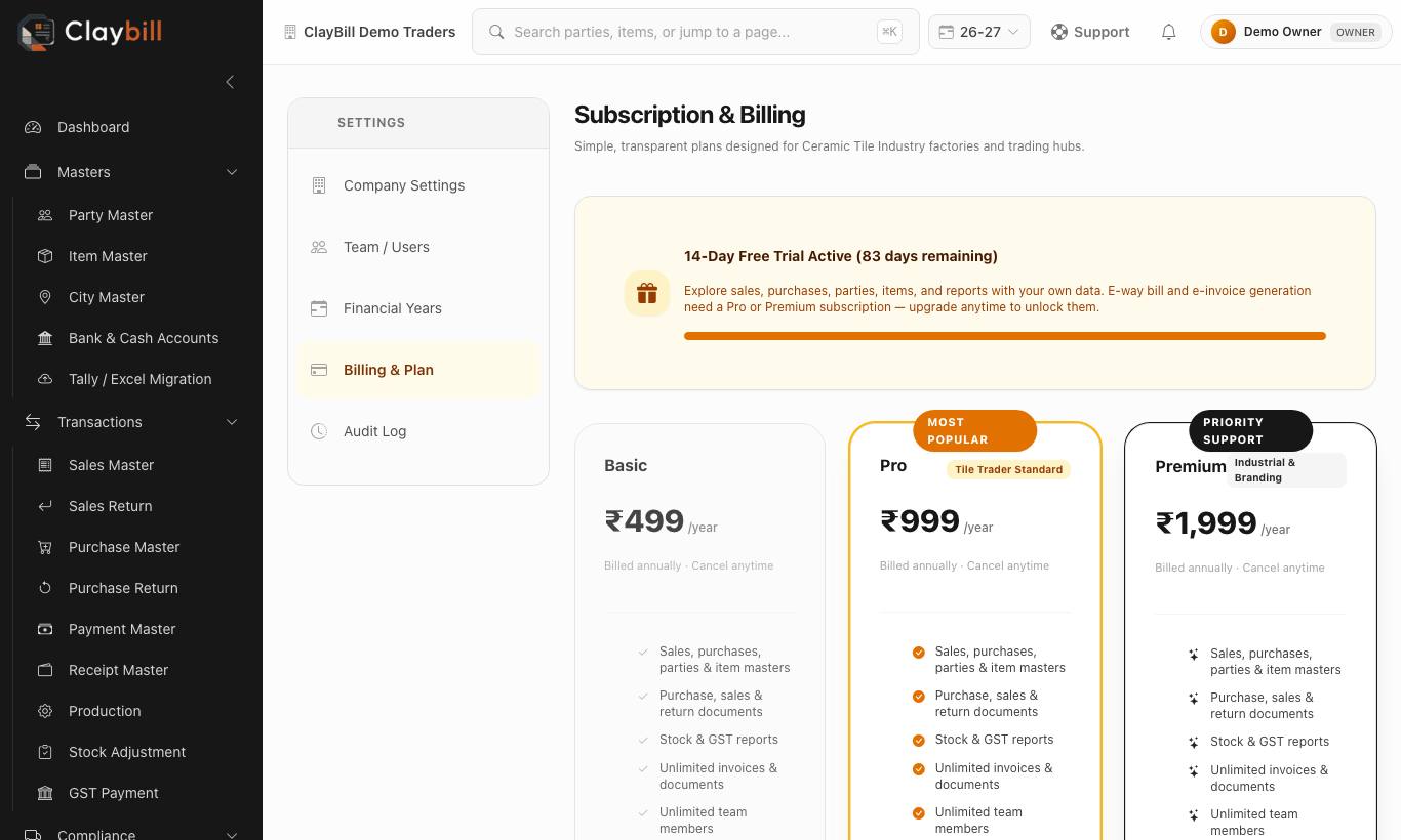 Subscription & Billing — trial status, plans and the feature matrix.