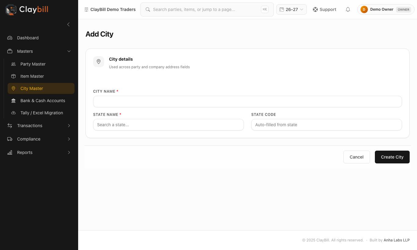 Add City — the state code fills in automatically.