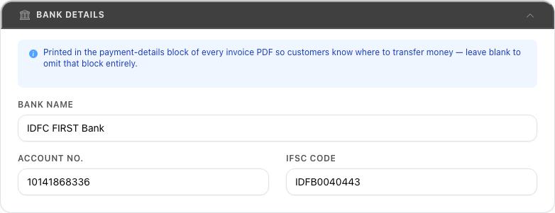 Bank details printed on invoices