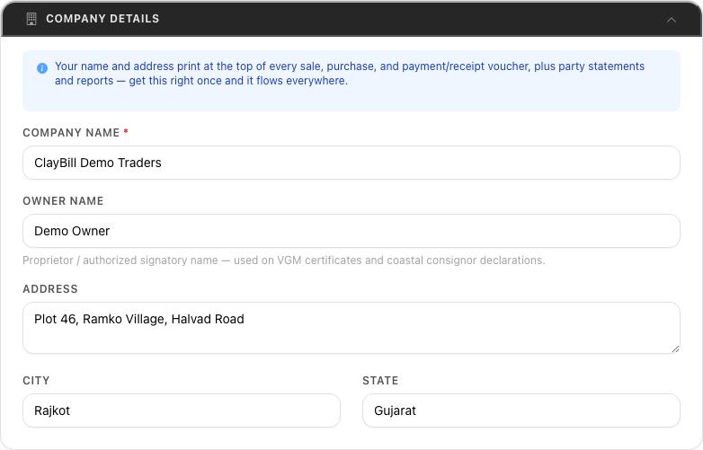Company details — name, owner and address.