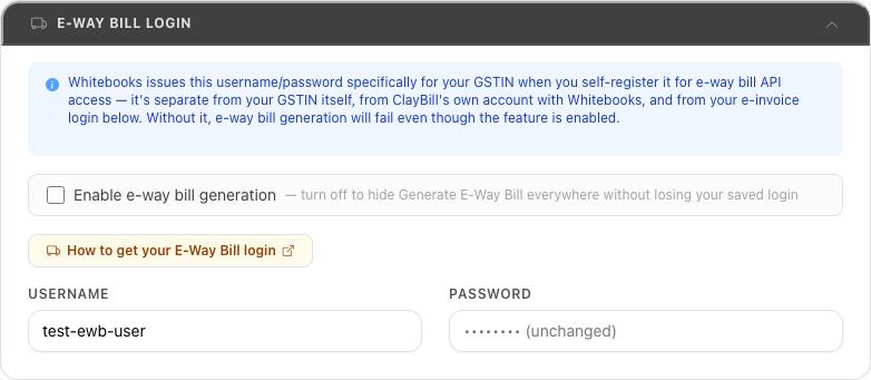 Company Settings → E-Way Bill Login
