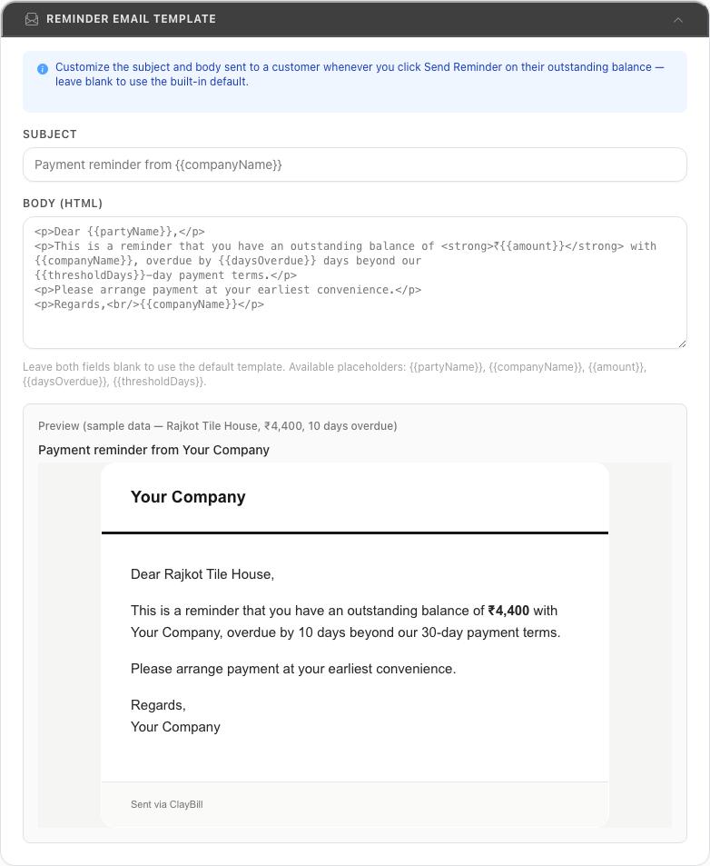 Reminder email template with live preview