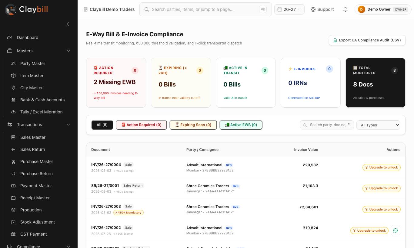 Compliance Dashboard — action required, expiring, in transit, e-invoices and totals at a glance.