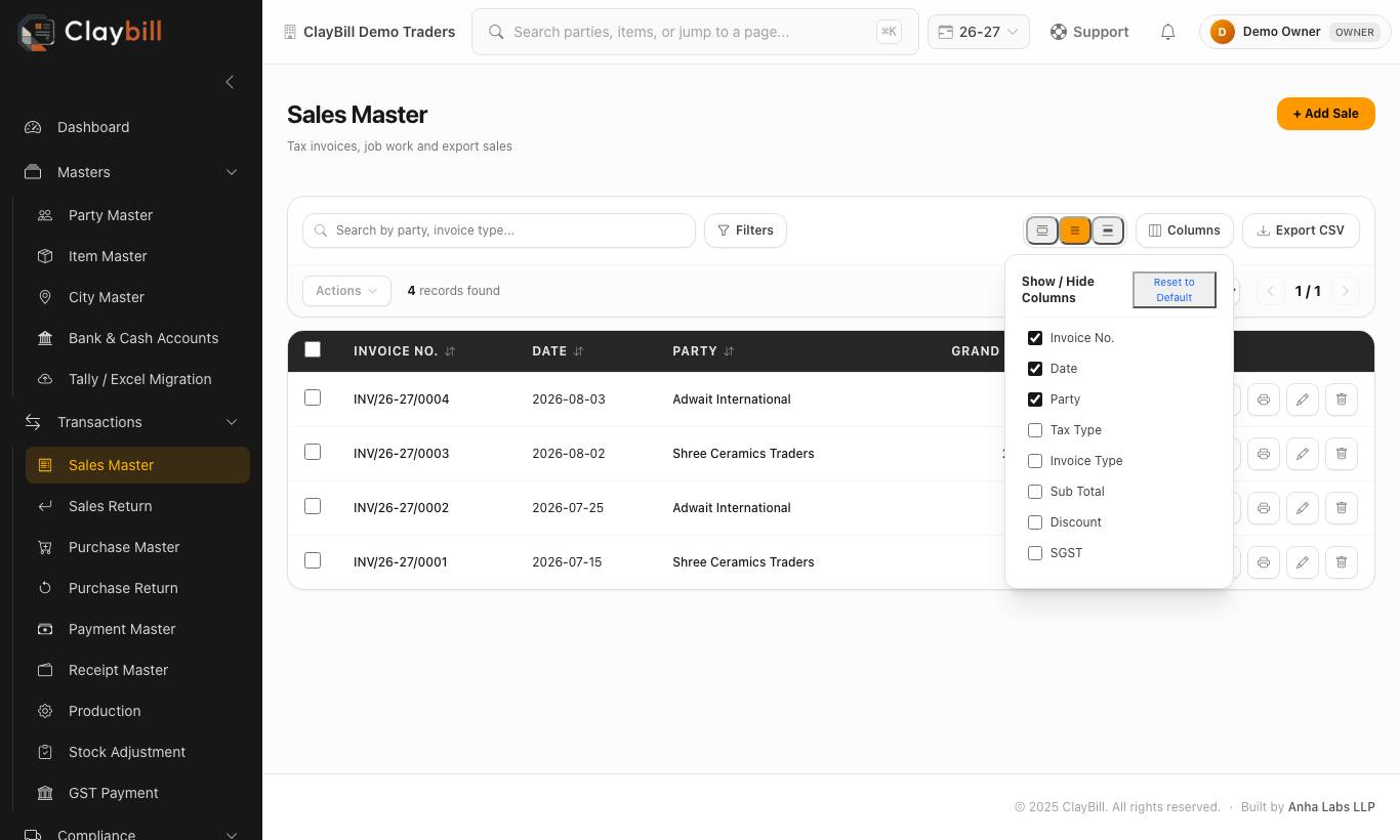 The list toolbar — search, filters, density, Columns (open) and Export CSV.