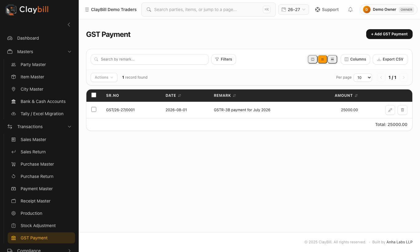 GST Payment list