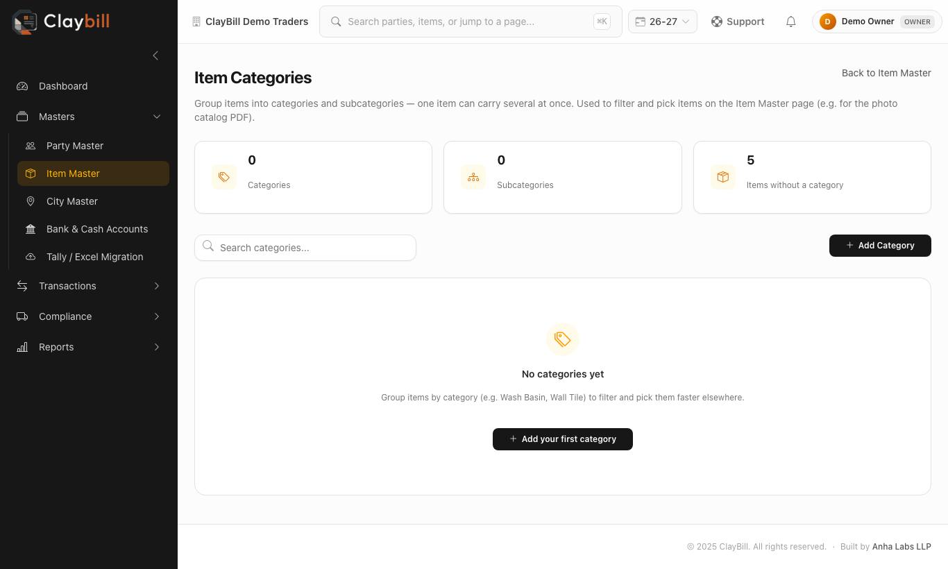 Item Categories — group items into categories and sub-categories.