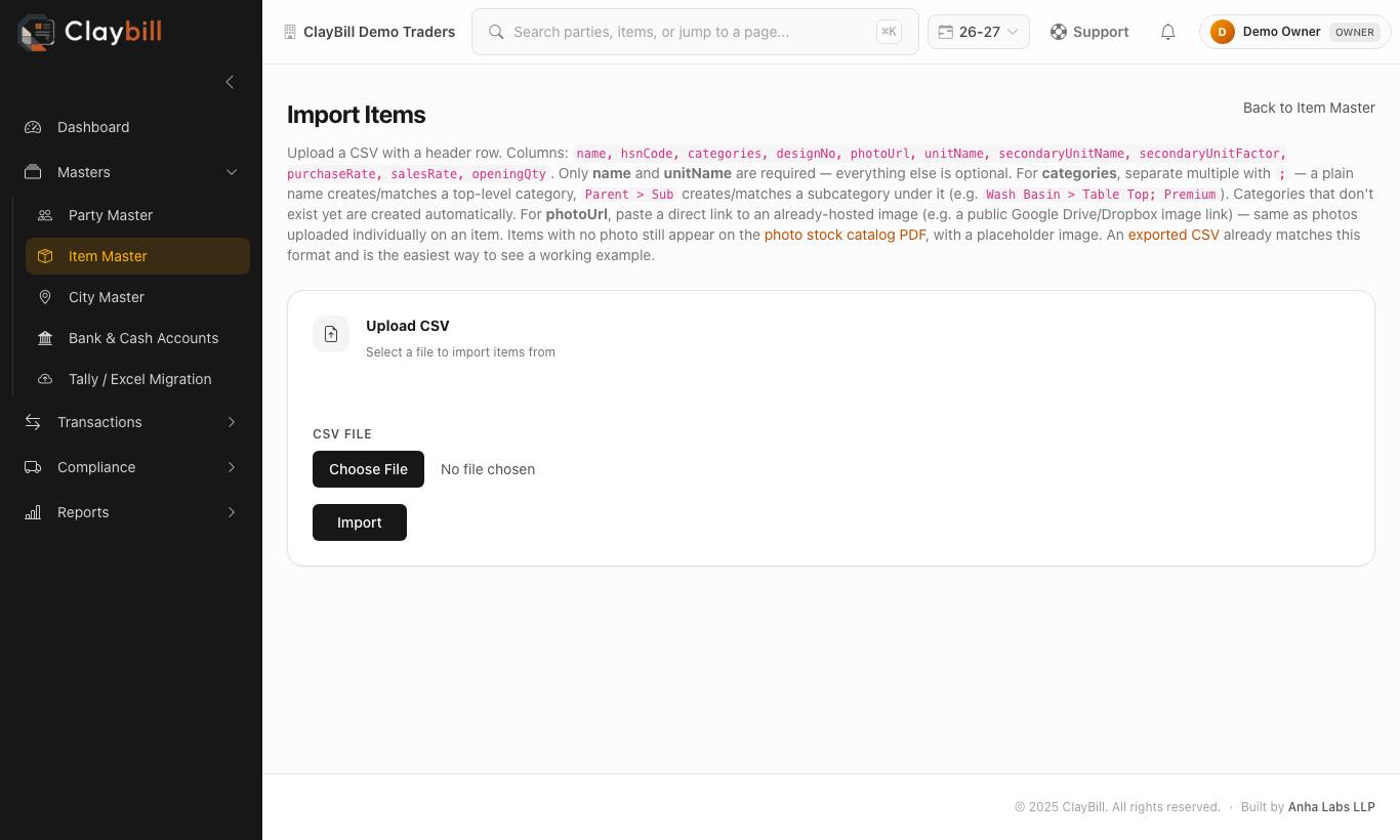 Import Items from CSV.