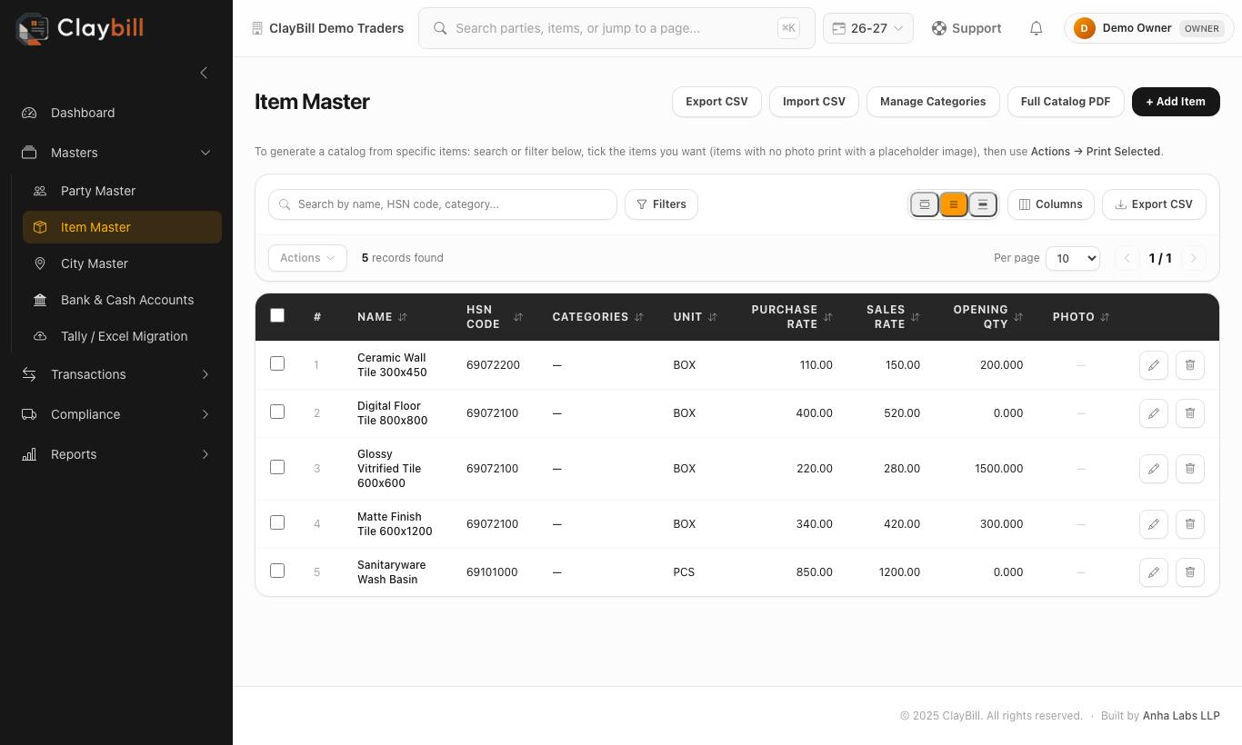 Item Master — Export CSV, Import CSV, Manage Categories, Full Catalog PDF and Add Item at the top.