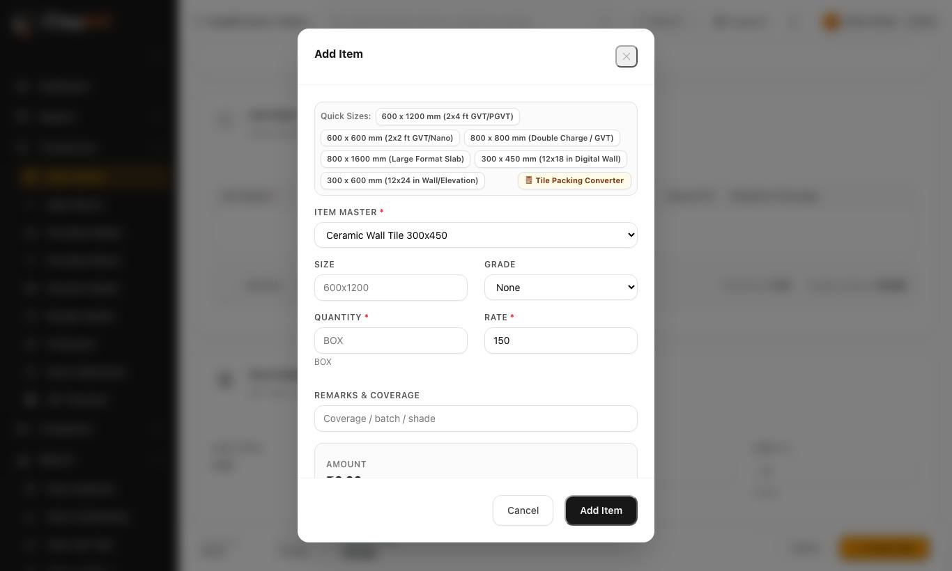 The Add Item window — quick sizes, item, size, grade, quantity, rate and remarks.