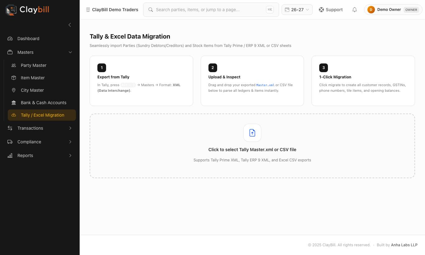 Tally & Excel Data Migration — export from Tally, upload, migrate.