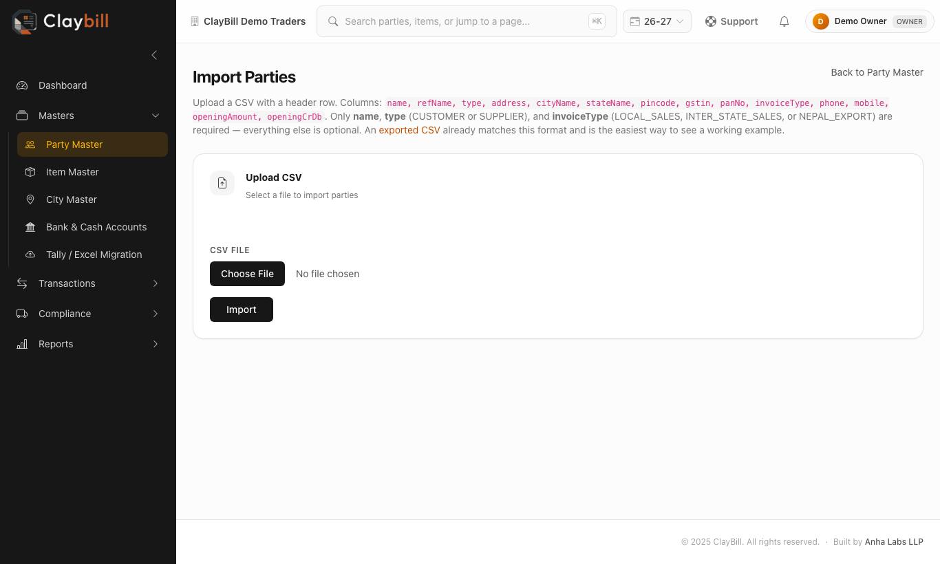 Import Parties — upload a CSV with a header row.