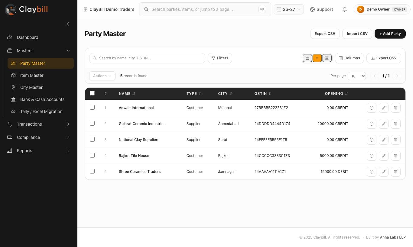 Party Master — search, filter, export, import and add parties.