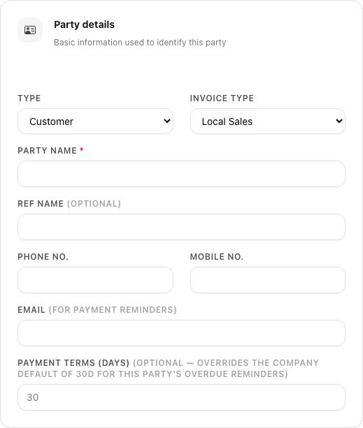 Party details — type, invoice type, name, contacts, payment terms.