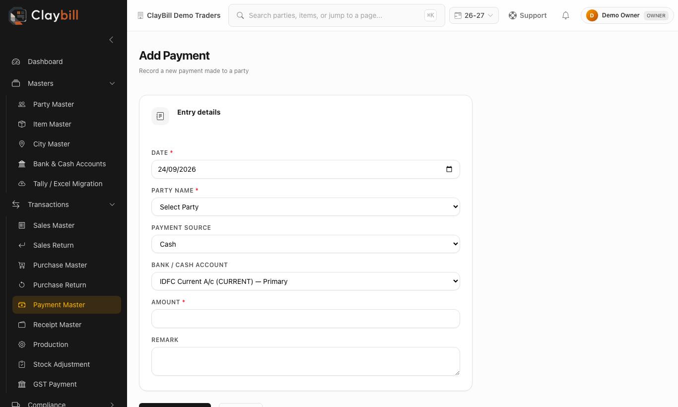 Add Payment — party, source, bank account, amount.