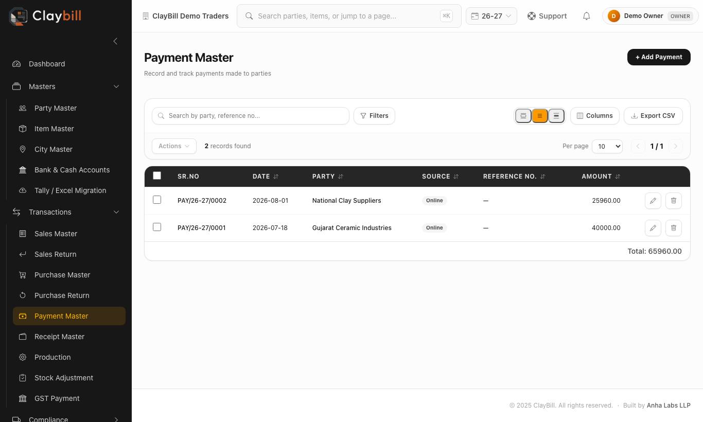 Payment Master list with running total