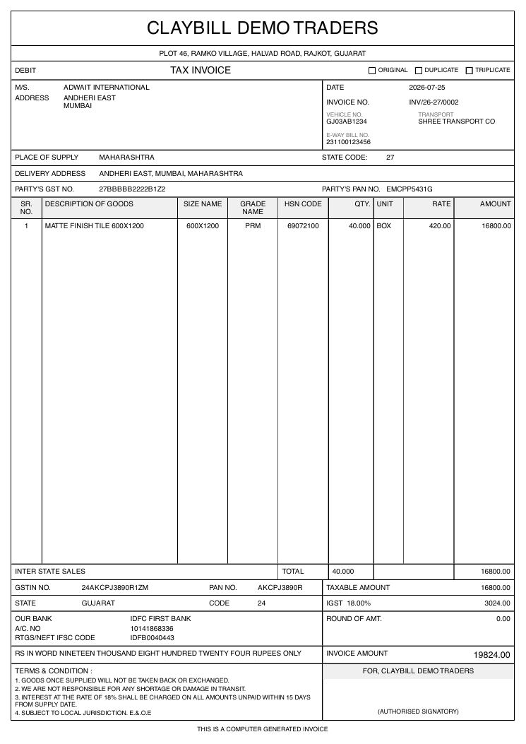 The printed tax invoice