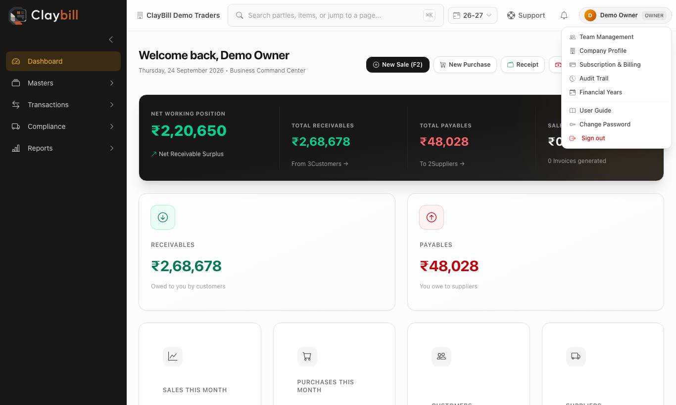 Profile menu — owner settings, User Guide, Change Password, Sign out.