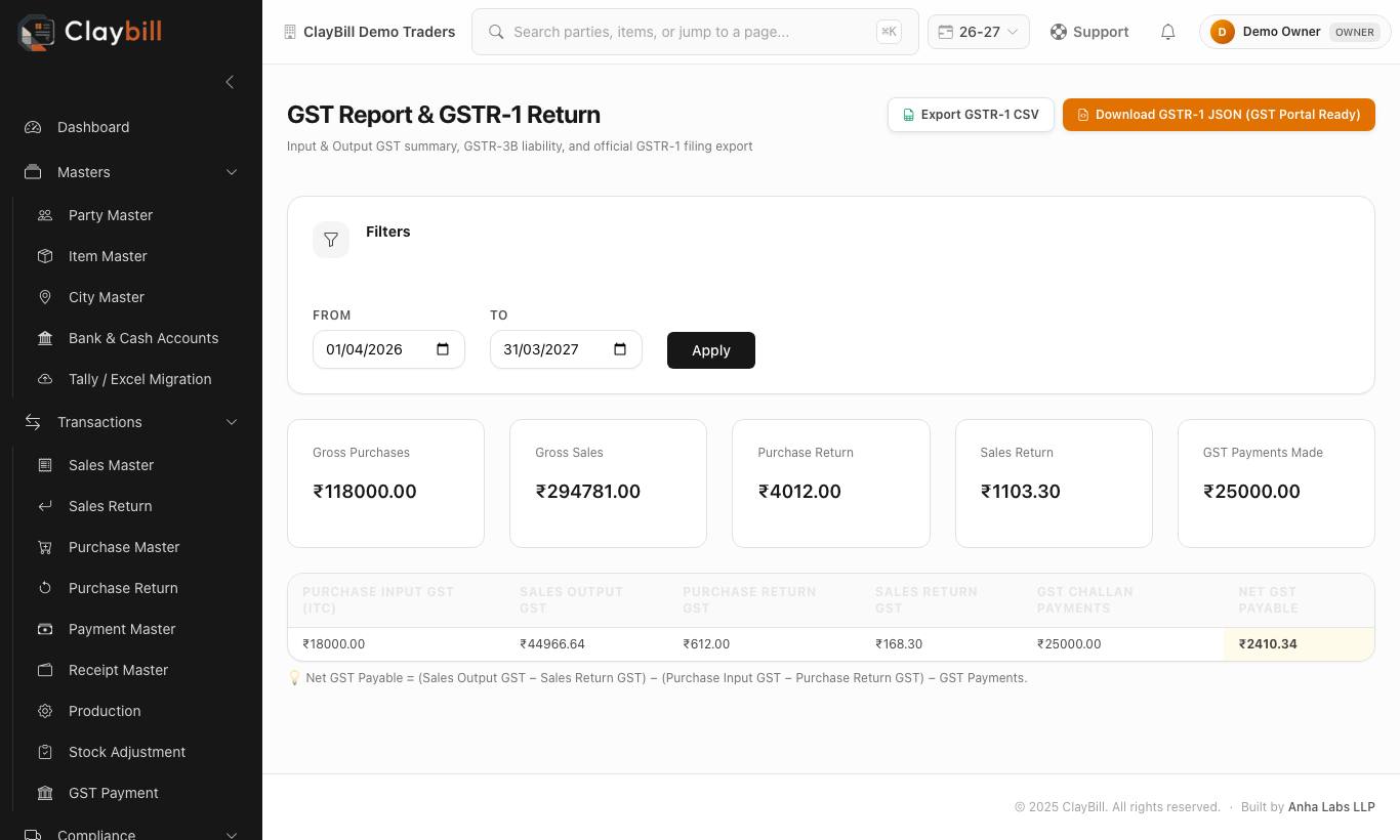 GST Report — summary cards, the net payable calculation and GSTR-1 export buttons.