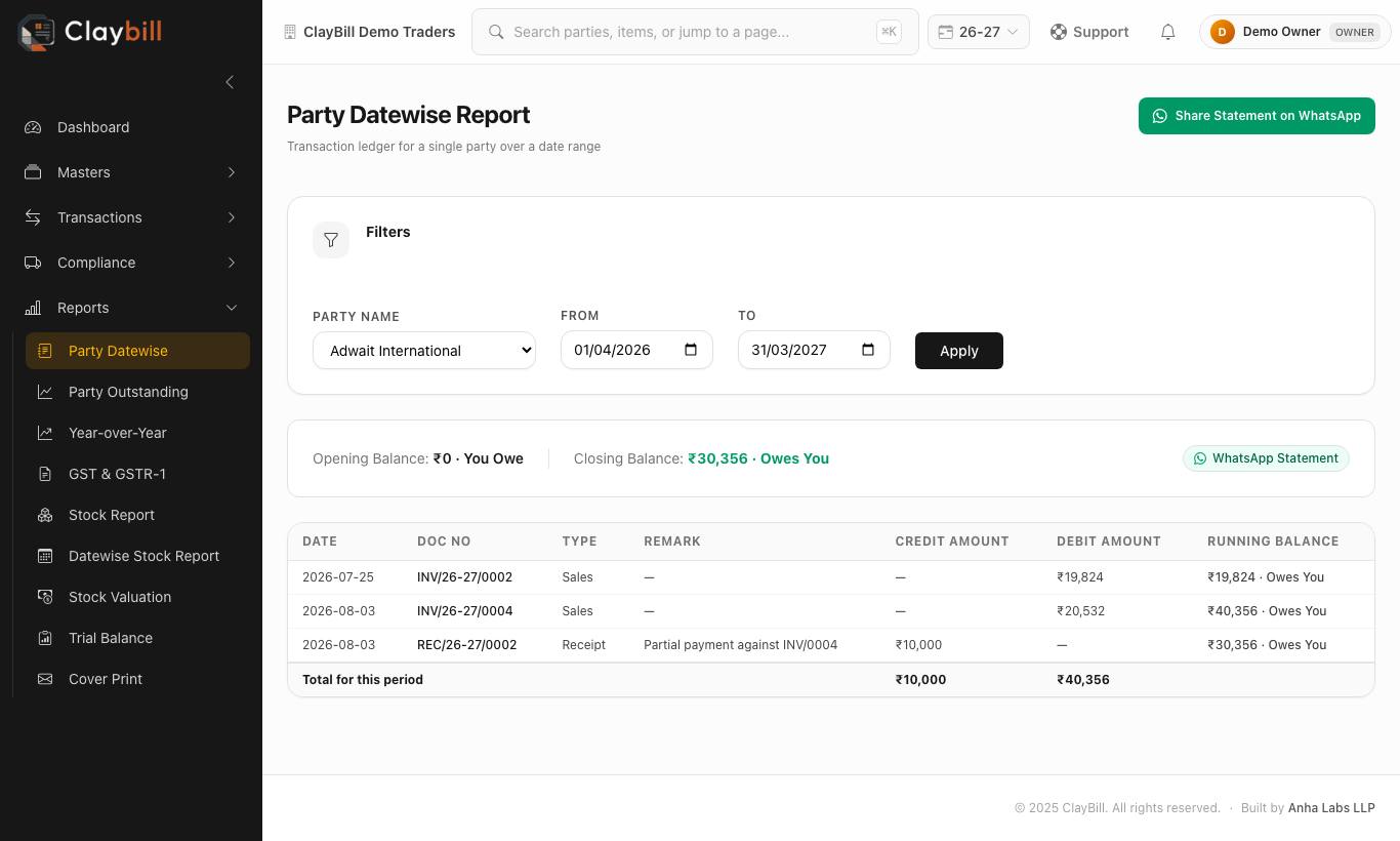 Party Datewise ledger with running balance
