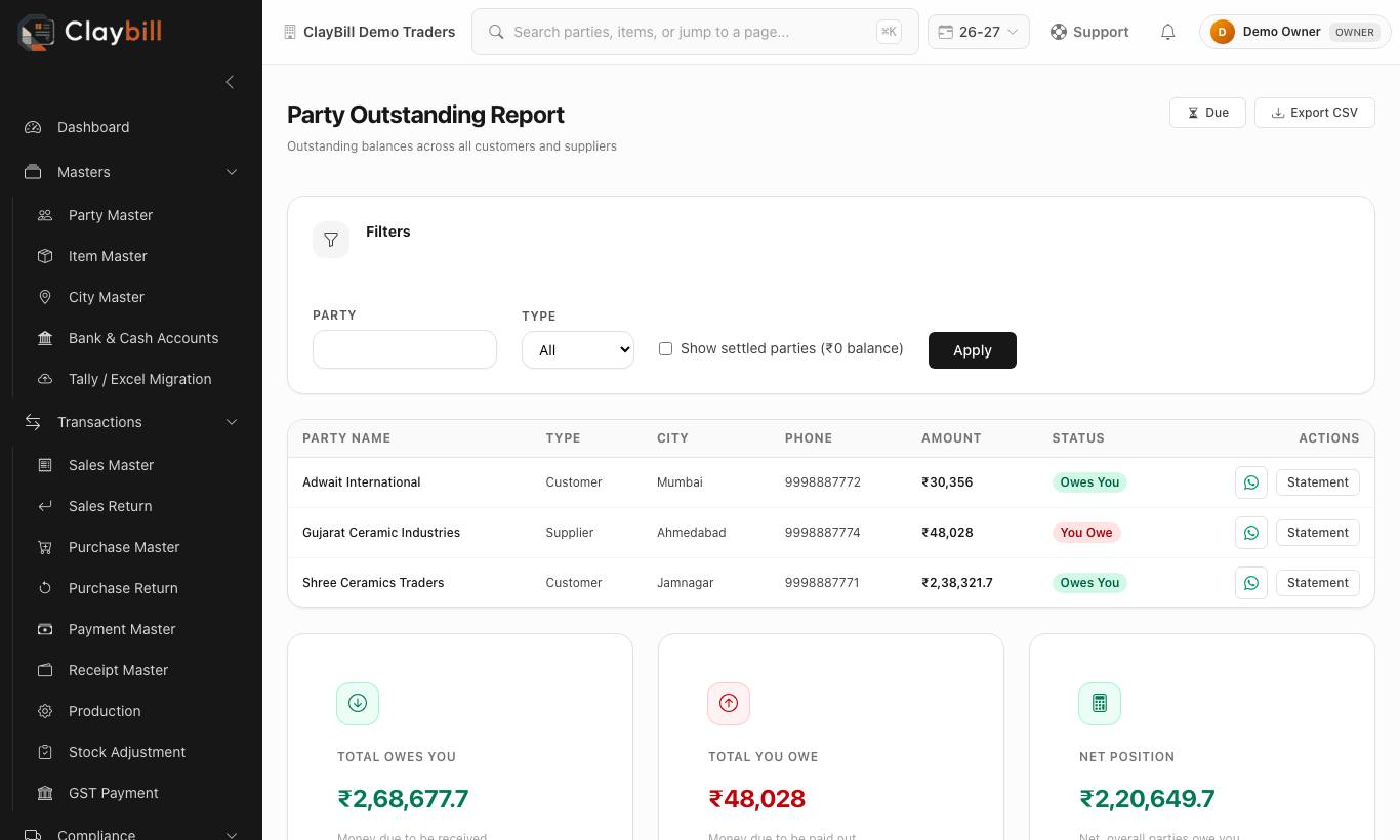 Party Outstanding — Owes You / You Owe per party, with totals below.
