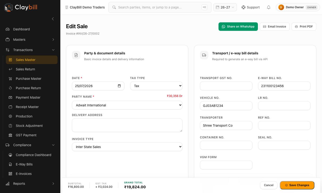 An open invoice: Share on WhatsApp, Email Invoice and Print PDF at the top right.
