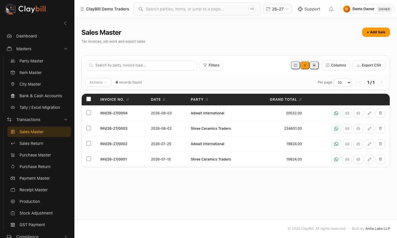 Sales Master — each row has WhatsApp, Print, Edit and Delete buttons.