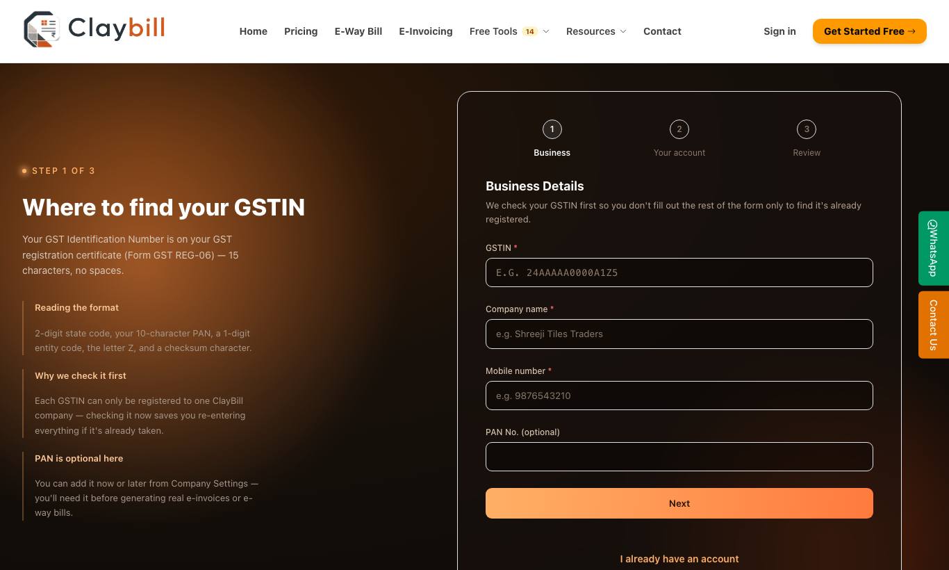Sign up — step 1 of 3 asks for your GSTIN and business details.