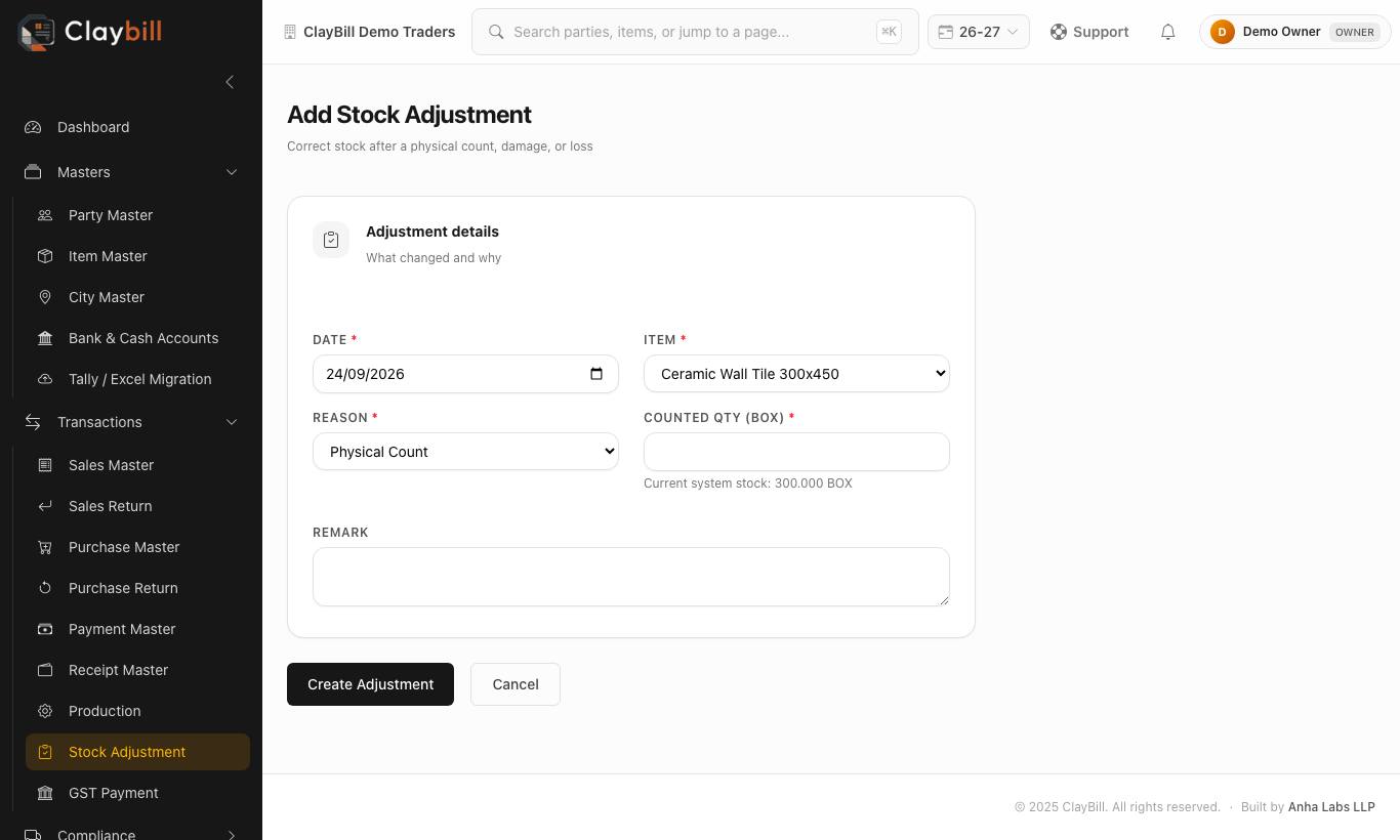 Add Stock Adjustment — shows current system stock.
