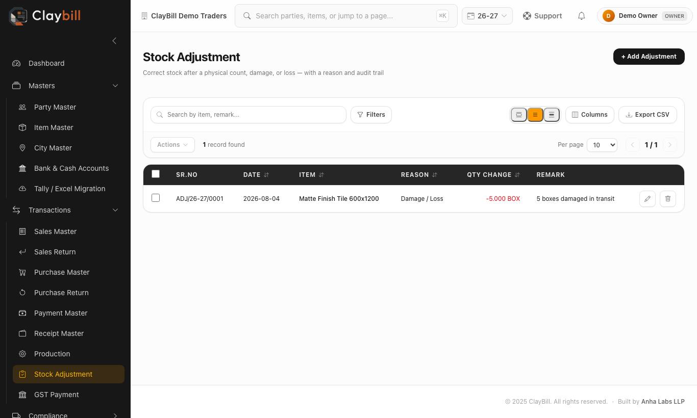 Stock Adjustment list with reasons