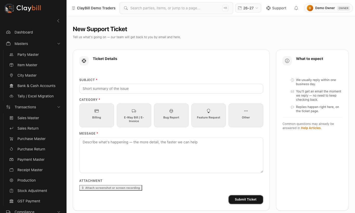 New Support Ticket — pick a category and describe the issue.